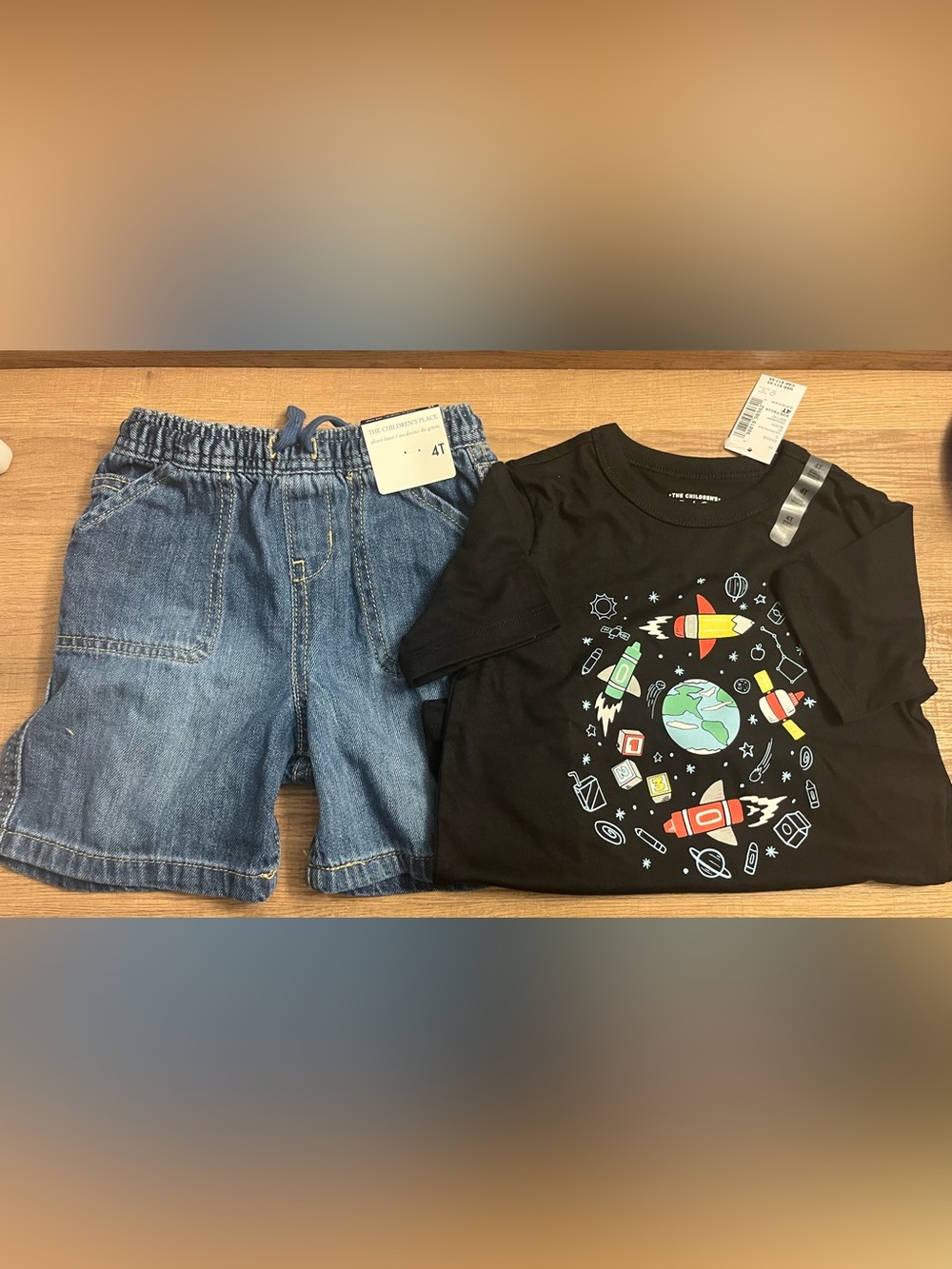 The Children's Place Black Space Graphic Tee and Blue Denim Shorts Set